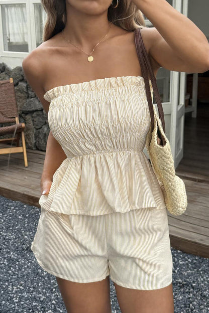 Striped Printed Sleeveless Off-shoulder Ruched Top and Elastic Waist Casual Pocket Shorts Set