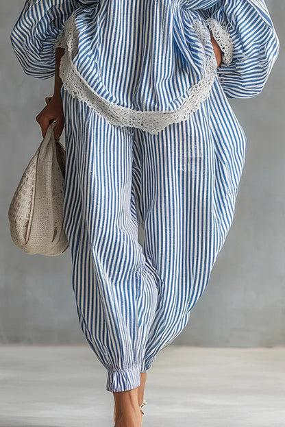 Striped Printed V-neck Lantern Sleeve Lace-trimmed Loose Top and Elastic Waist Casual Wide-leg Pants Set