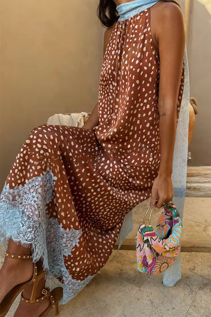 Stunning Fawn Print Contrast Color Satin Lace Trim Mid Rise Maxi Skirt