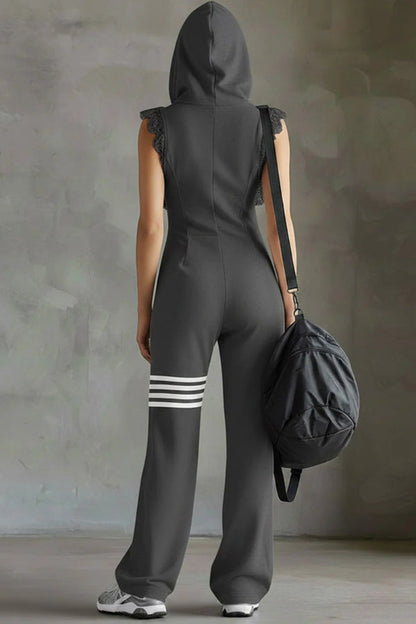 Stylish Hooded Sleeveless Lace Zipper Casual Sports Jumpsuit