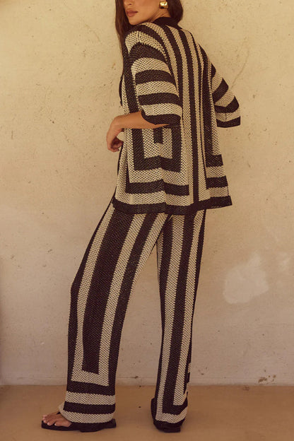 Stylish Knitted Collared Short-Sleeved Button-Up Top and Elastic Waist Casual Pants Cover-Up Set