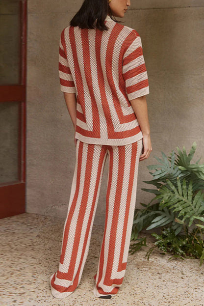 Stylish Knitted Collared Short-Sleeved Button-Up Top and Elastic Waist Casual Pants Cover-Up Set