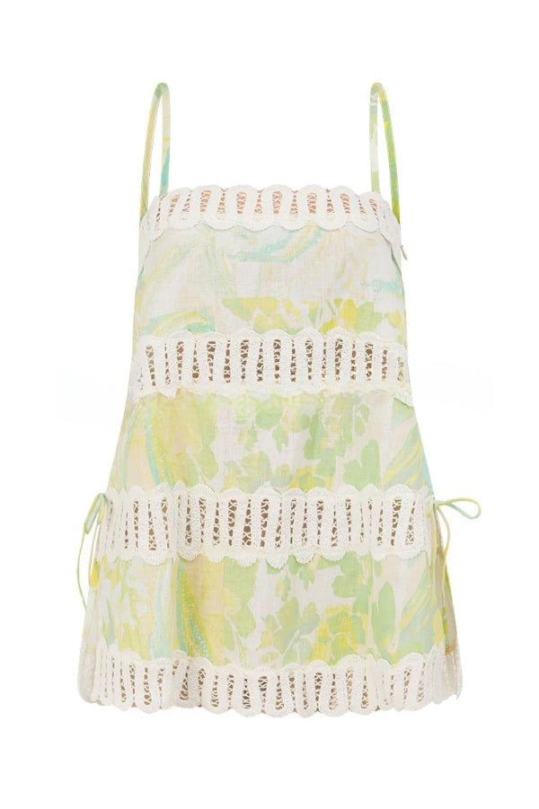 Summer Elegant Printed Curved Crochet Trim Camisole Top and Elastic Waist Casual Pocket Wide-leg Pants Set