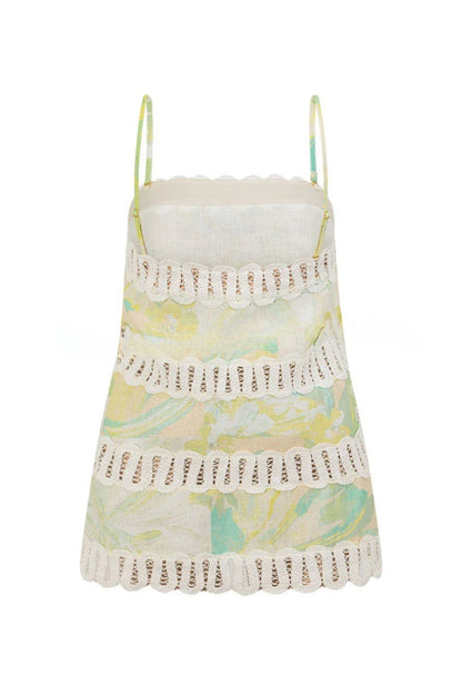 Summer Elegant Printed Curved Crochet Trim Camisole Top and Elastic Waist Casual Pocket Wide-leg Pants Set
