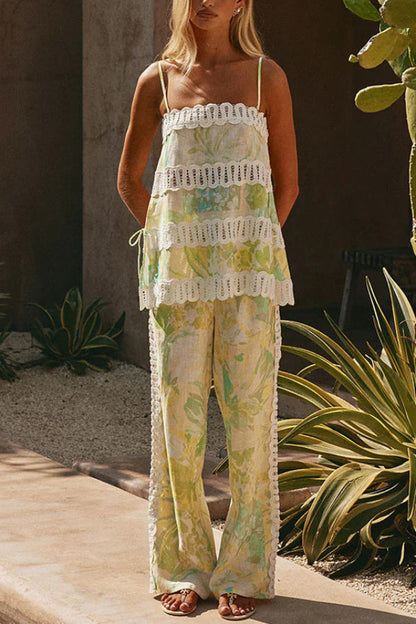 Summer Elegant Printed Curved Crochet Trim Camisole Top and Elastic Waist Casual Pocket Wide-leg Pants Set