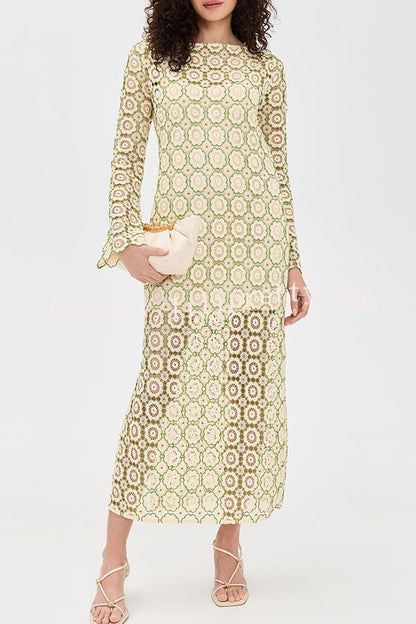 Summer Fashion Floral Crochet Cutout Fabric Long Sleeve Slit Vacation Midi Dress