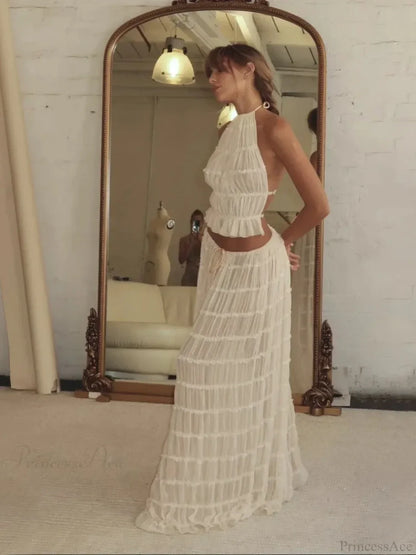 Summer Sexy Sleeveless Backless Top High Waist Skirt Beach Party Dress