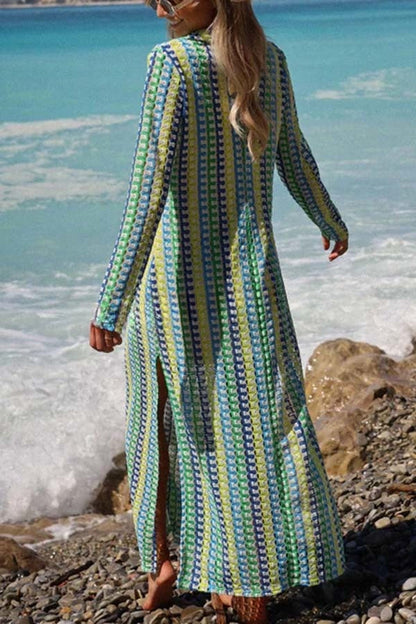 Eleanor Knit Colorful Wave Unique Print Shirt U-neck Long Sleeve Slit Maxi Dress