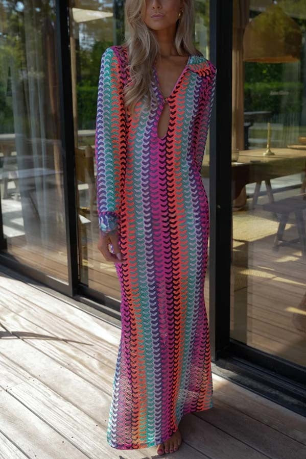 Eleanor Knit Colorful Wave Unique Print Shirt U-neck Long Sleeve Slit Maxi Dress
