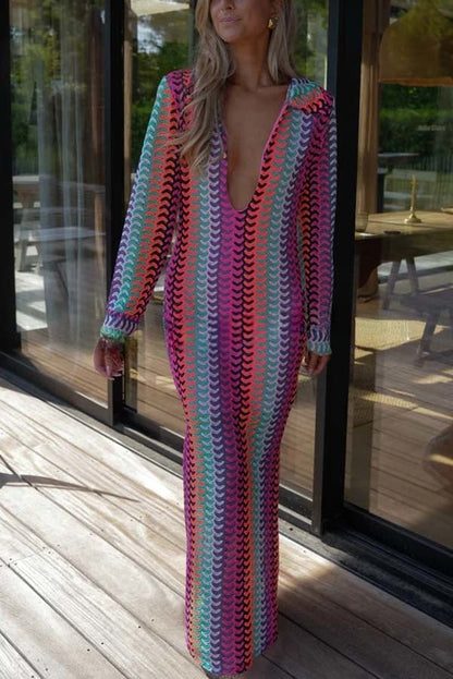 Eleanor Knit Colorful Wave Unique Print Shirt U-neck Long Sleeve Slit Maxi Dress