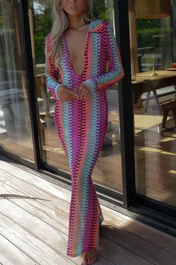 Eleanor Knit Colorful Wave Unique Print Shirt U-neck Long Sleeve Slit Maxi Dress