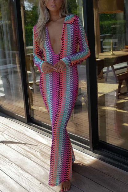 Eleanor Knit Colorful Wave Unique Print Shirt U-neck Long Sleeve Slit Maxi Dress