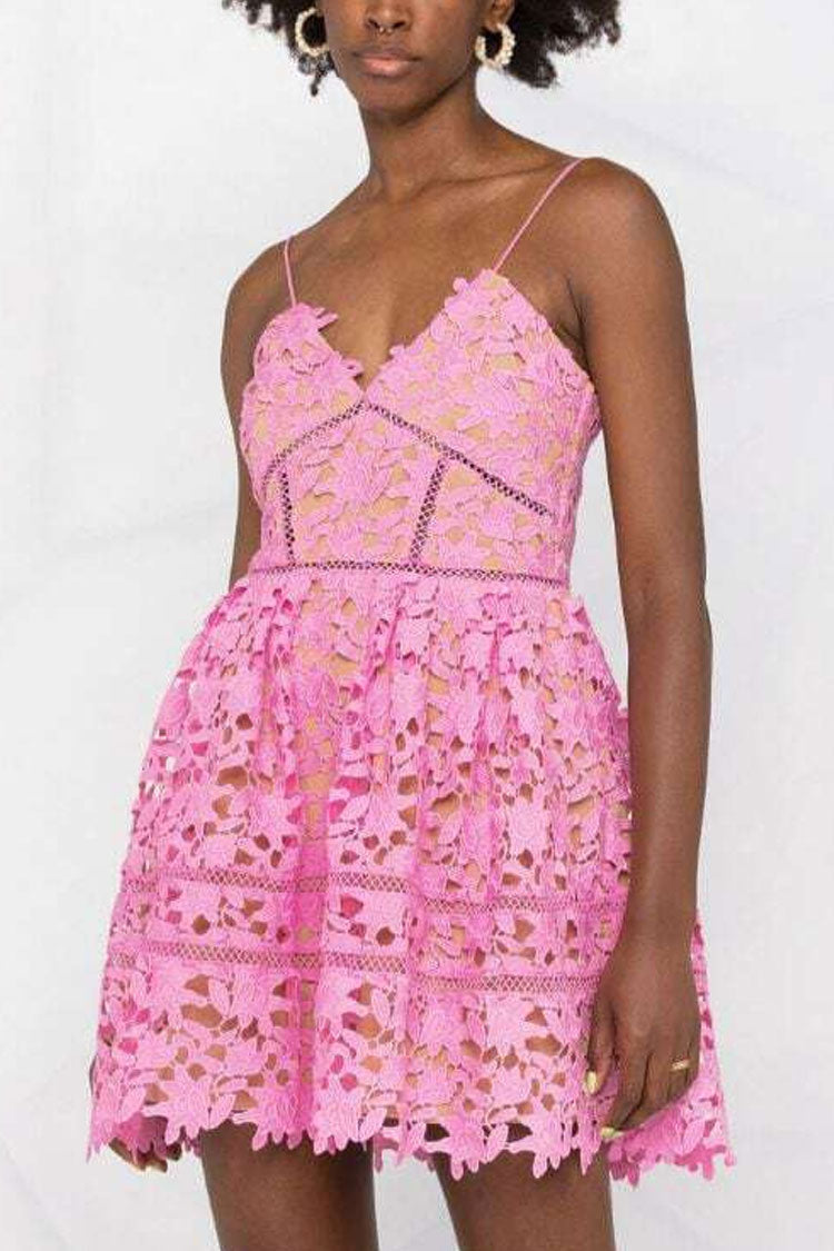 Guipure Lace Spaghetti Strap Ladder Stitch Mini Dress