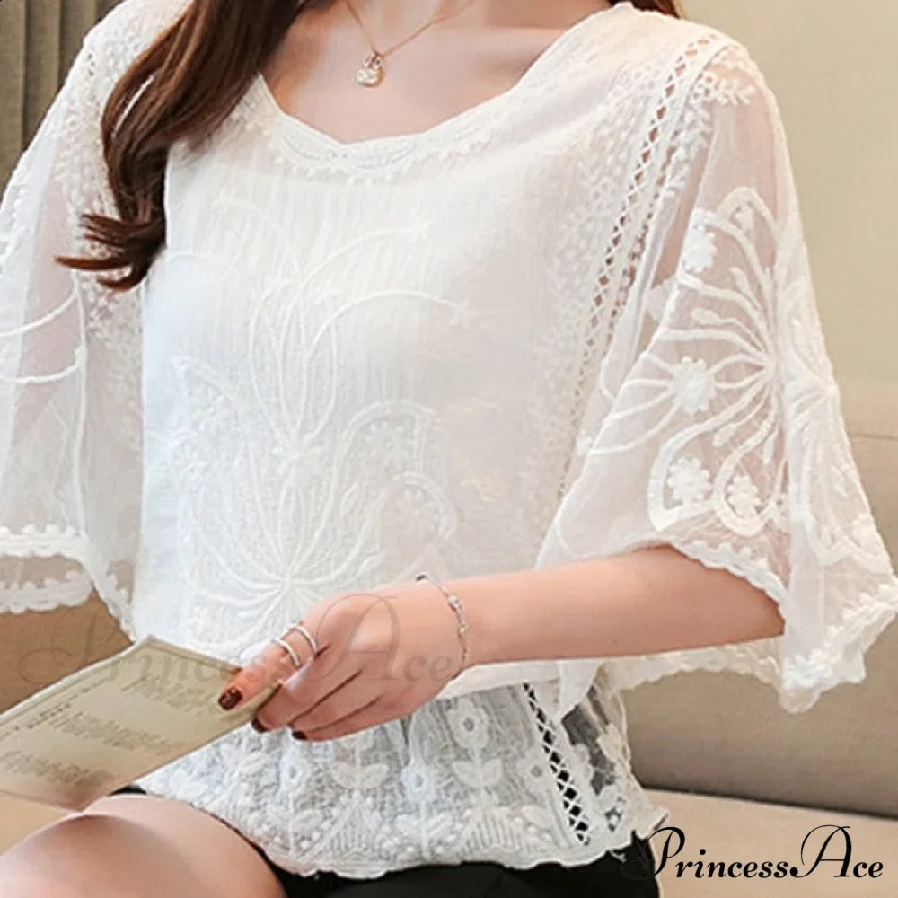 Sweet Spring Lace Fashion and Women's Warm-Season Out Hollow White Blouse Top