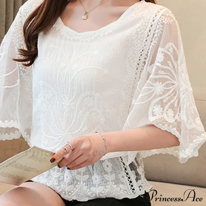 Sweet Spring Lace Fashion and Women's Warm-Season Out Hollow White Blouse Top