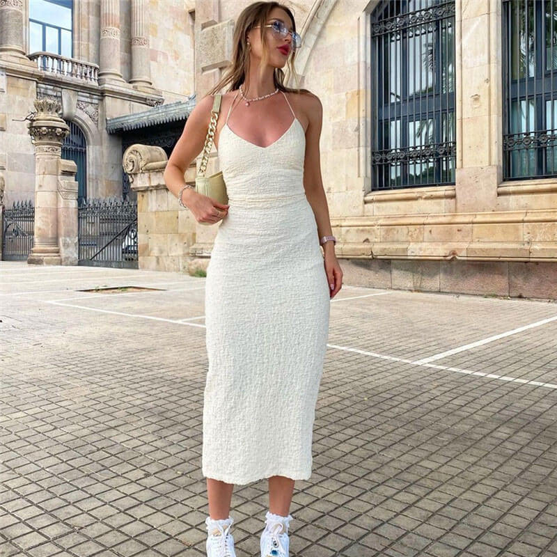 Halter Neck Textured Crinkle Low Back Midi Dress