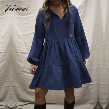 100% Cotton Crepe de chine Elegant Dresses For Women V-Neck Latern Long Sleeve Ruffles Holiday Beach Party Dress With Pocke