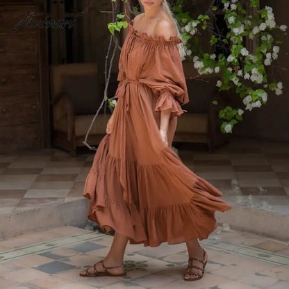 100% Cotton Summer Dress Women Chic Latern Sleeve Ruffles Birthday Party Elegant And Pretty Women'S Dresses Beach Sundress