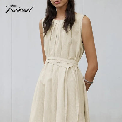 100% Cotton Summer Dresses Woman Vintage Striped Casual Loose Sleeveless Shirring Midi Party Dress Vestidos
