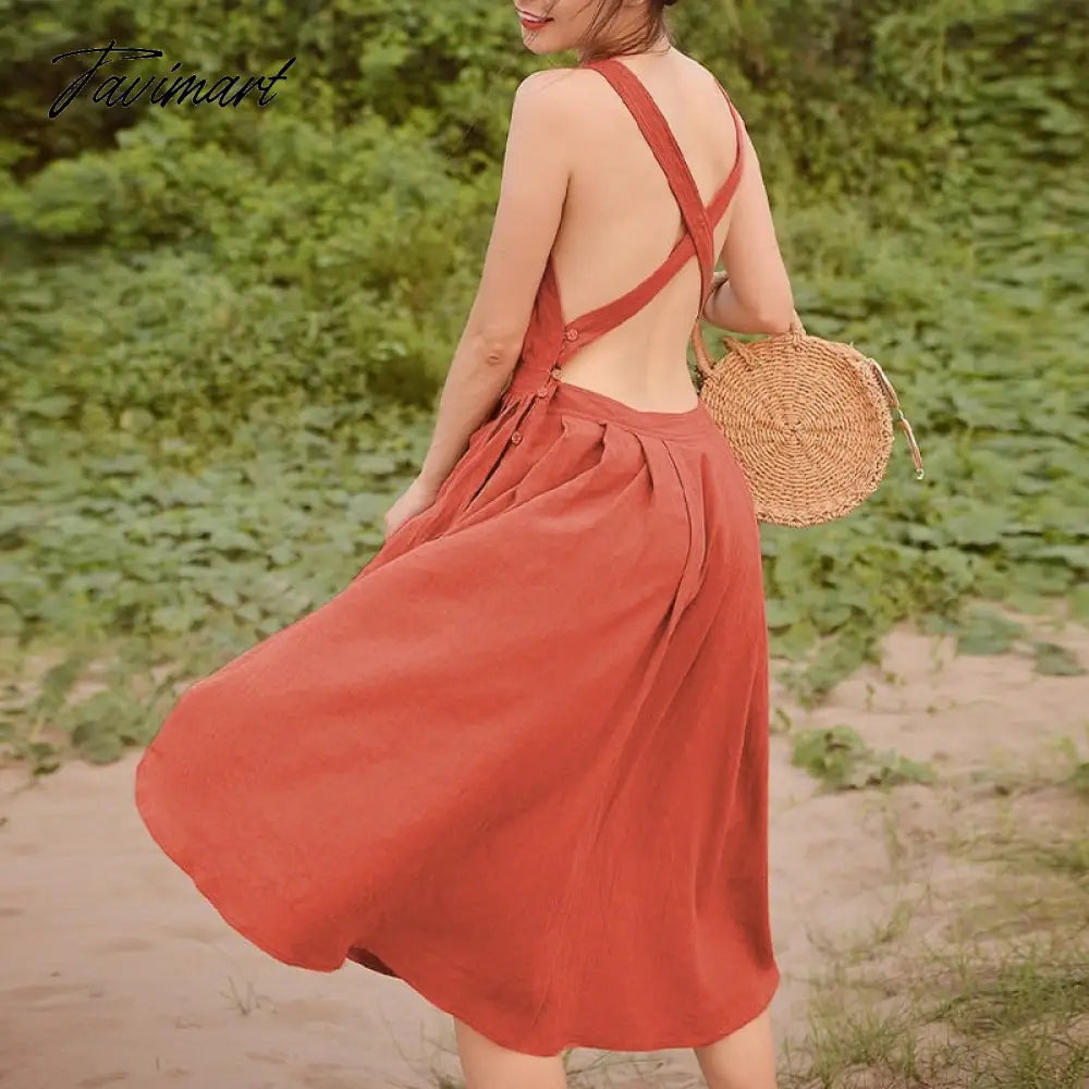 100% Linen Elegant Women's Dress Sexy Sleeveless Sqaure Collar Back Cross Long Midi Party Dress With Pockets Summer Clothes