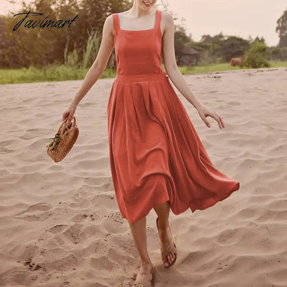 100% Linen Elegant Women's Dress Sexy Sleeveless Sqaure Collar Back Cross Long Midi Party Dress With Pockets Summer Clothes