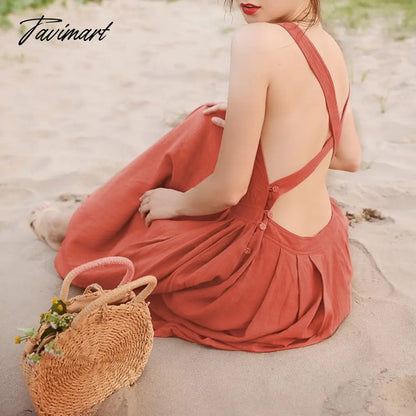 100% Linen Elegant Women's Dress Sexy Sleeveless Sqaure Collar Back Cross Long Midi Party Dress With Pockets Summer Clothes