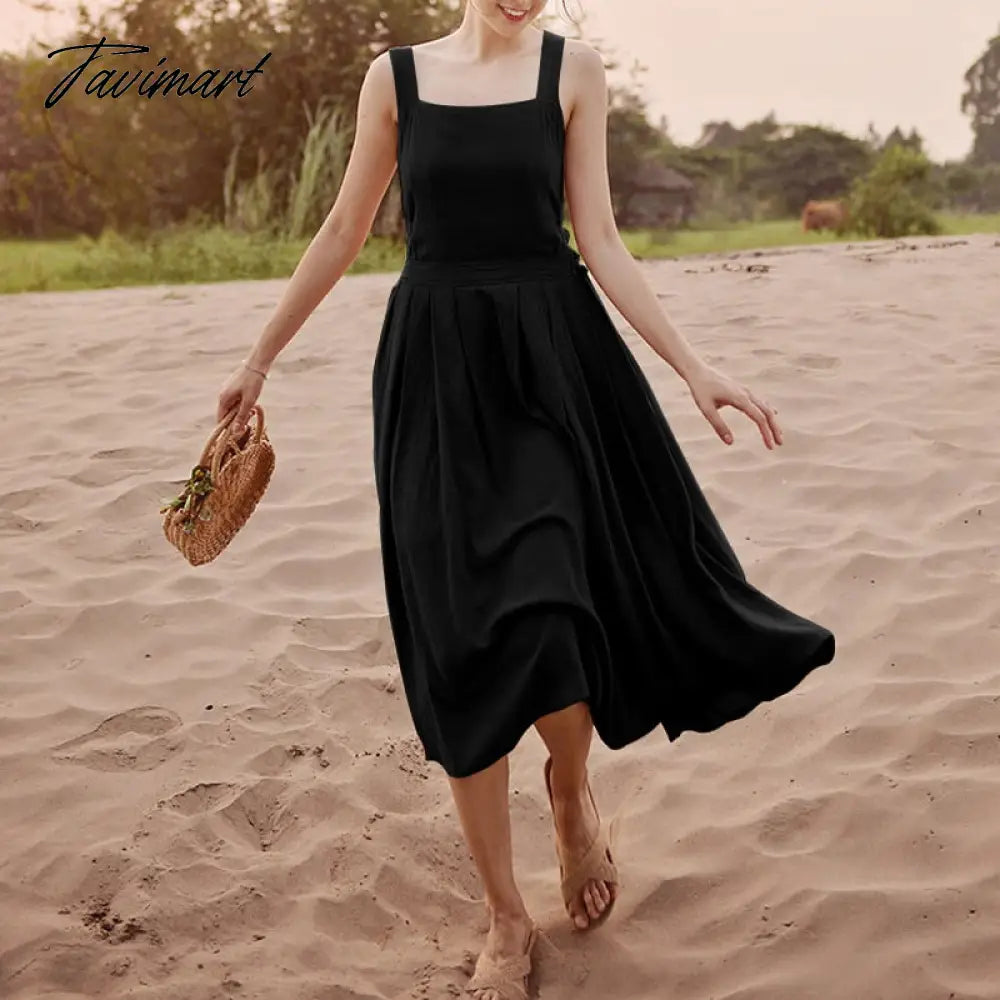 100% Linen Elegant Women's Dress Sexy Sleeveless Sqaure Collar Back Cross Long Midi Party Dress With Pockets Summer Clothes