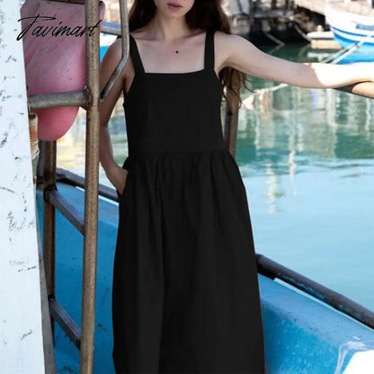 100% Linen Elegant Women's Dress Sexy Sleeveless Sqaure Collar Back Cross Long Midi Party Dress With Pockets Summer Clothes