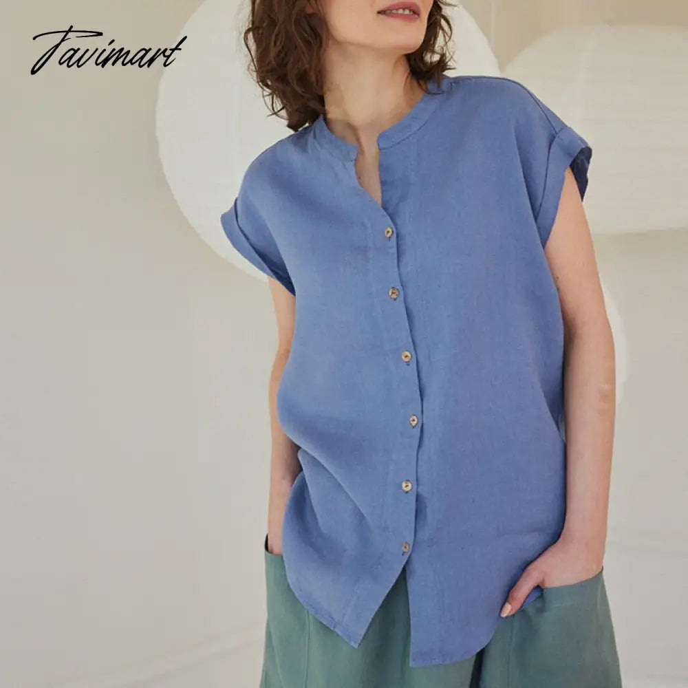 100% Linen Women'S Shirt Summer Casual Solid Stand Neck Short Sleeve Button Up Women'S Elegant Blouses Vintage Clothing