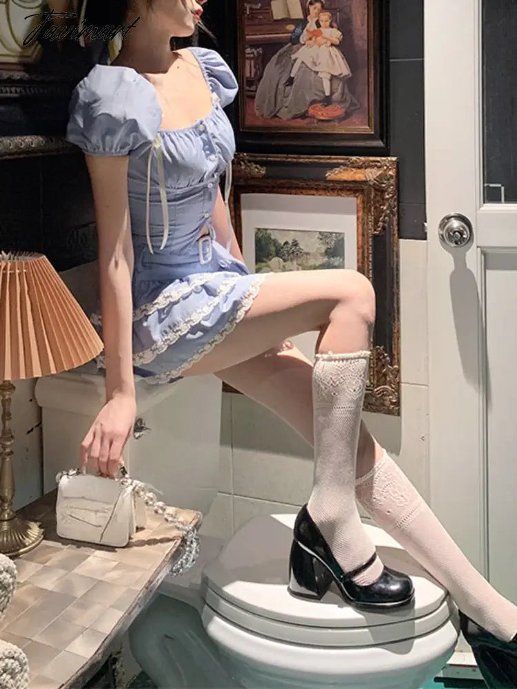 2 Piece Dress Set Women Causal Solid Short Sleeve Blouse Female Basic Party Lolita Y2k Mini Dress Summer Kawaii Clothing