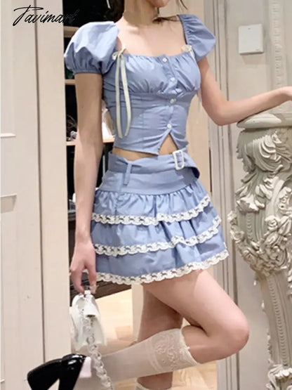 2 Piece Dress Set Women Causal Solid Short Sleeve Blouse Female Basic Party Lolita Y2k Mini Dress Summer Kawaii Clothing