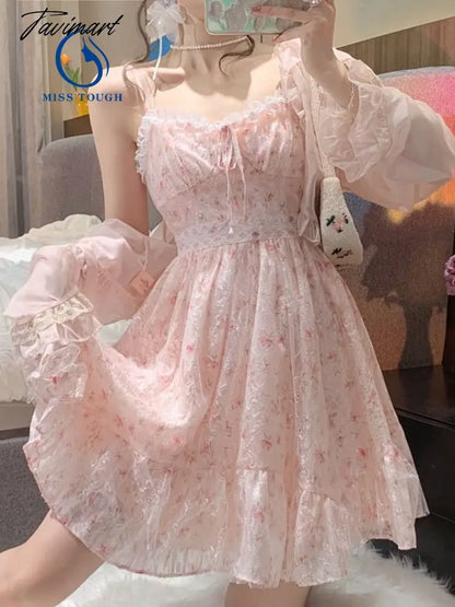 2 Piece Dress Set Women Floral Mini Dress + Casual Blouse Korean Fashion Suits Kawaii Clothing Lolita Dress Party Summer