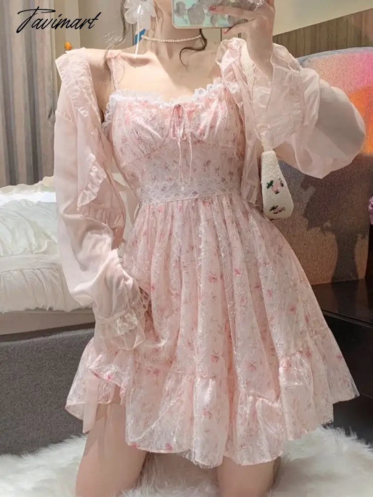 2 Piece Dress Set Women Floral Mini Dress + Casual Blouse Korean Fashion Suits Kawaii Clothing Lolita Dress Party Summer