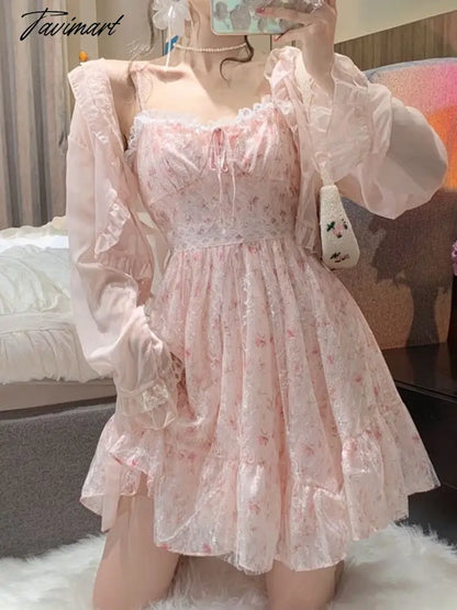 2 Piece Dress Set Women Floral Mini Dress + Casual Blouse Korean Fashion Suits Kawaii Clothing Lolita Dress Party Summer