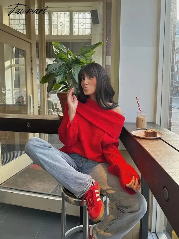 2024 Fashion Solid Simple Knitted Sweater For Woman Slash Neck Long Sleeve Loose Pullover Autumn Casual Streetwear Basic Jumper
