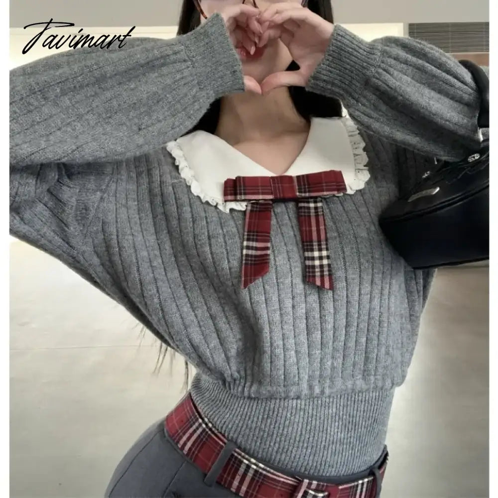 2024 Spring New Korean Contrast Color Patchwork Bow Loose Casual Long Sleeve Sweater Women + Pleated A-line Skirt Two-piece Suit