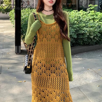 2024 Spring New Streetwear Hollow Sexy Knitted Sling Dress Women + Solid Color Casual Long-sleeved T-shirt Two-piece Suit