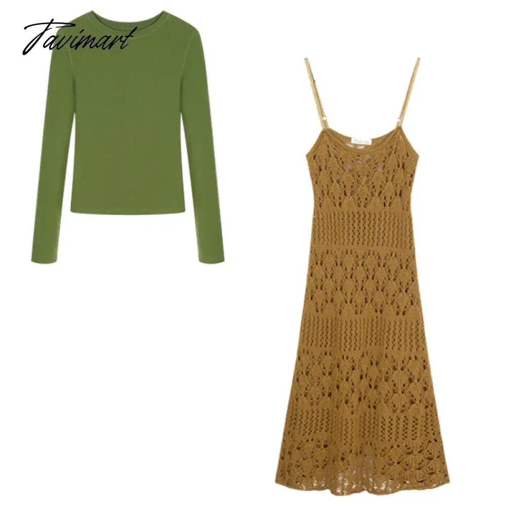 2024 Spring New Streetwear Hollow Sexy Knitted Sling Dress Women + Solid Color Casual Long-sleeved T-shirt Two-piece Suit
