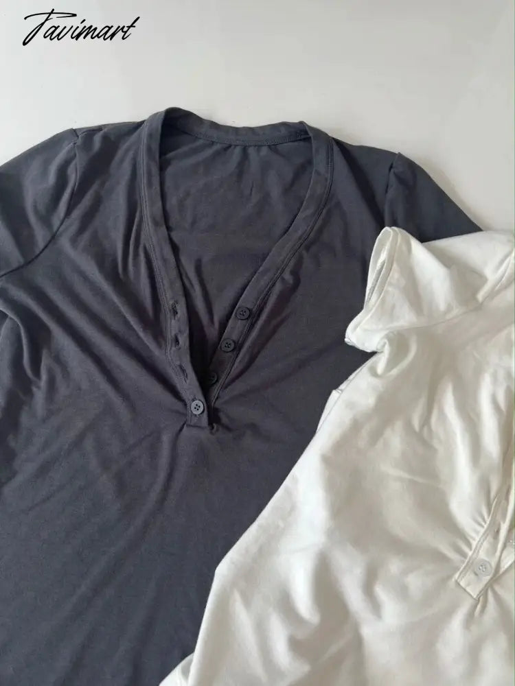 3 Color European and American Super Chest-Buckle Henley V-Neck Soft Washed Slim-Fit Retro Cuff Short Sleeve Tee 23.6