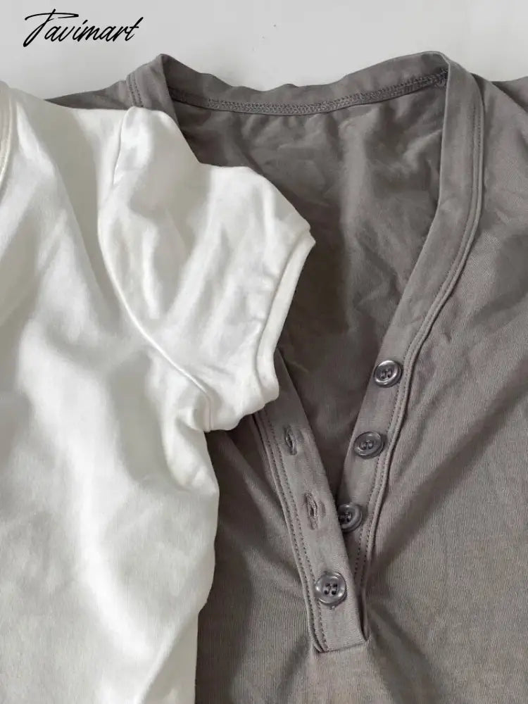 3 Color European and American Super Chest-Buckle Henley V-Neck Soft Washed Slim-Fit Retro Cuff Short Sleeve Tee 23.6