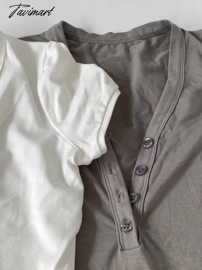 3 Color European and American Super Chest-Buckle Henley V-Neck Soft Washed Slim-Fit Retro Cuff Short Sleeve Tee 23.6