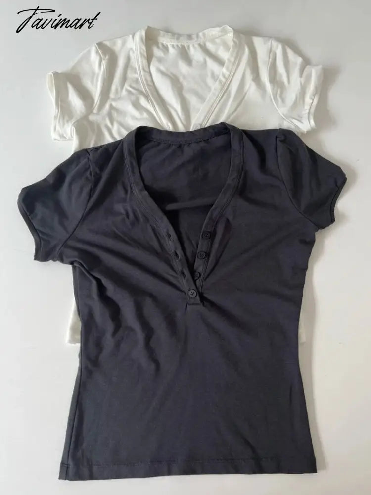 3 Color European and American Super Chest-Buckle Henley V-Neck Soft Washed Slim-Fit Retro Cuff Short Sleeve Tee 23.6