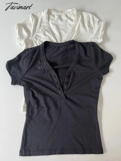 3 Color European and American Super Chest-Buckle Henley V-Neck Soft Washed Slim-Fit Retro Cuff Short Sleeve Tee 23.6