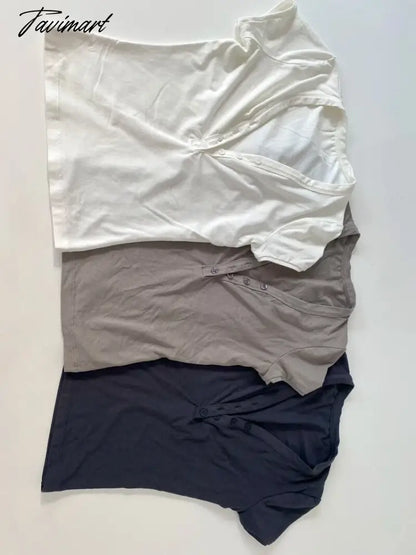 3 Color European and American Super Chest-Buckle Henley V-Neck Soft Washed Slim-Fit Retro Cuff Short Sleeve Tee 23.6