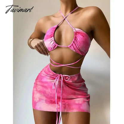 3 Piece Bikini Set Summer Bathing Suits Women Print Halter Swimwear Ladies Padded Split Swimsuits Beachwear with Cover Up