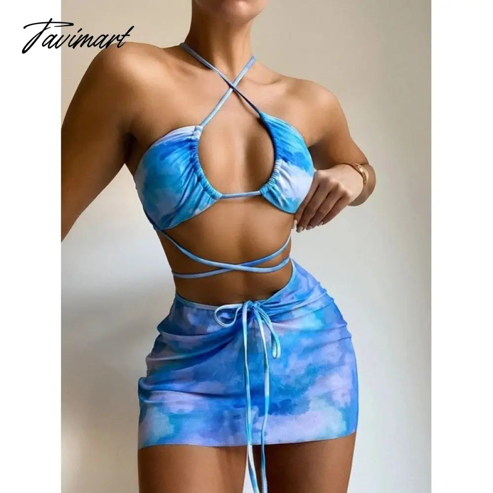 3 Piece Bikini Set Summer Bathing Suits Women Print Halter Swimwear Ladies Padded Split Swimsuits Beachwear with Cover Up