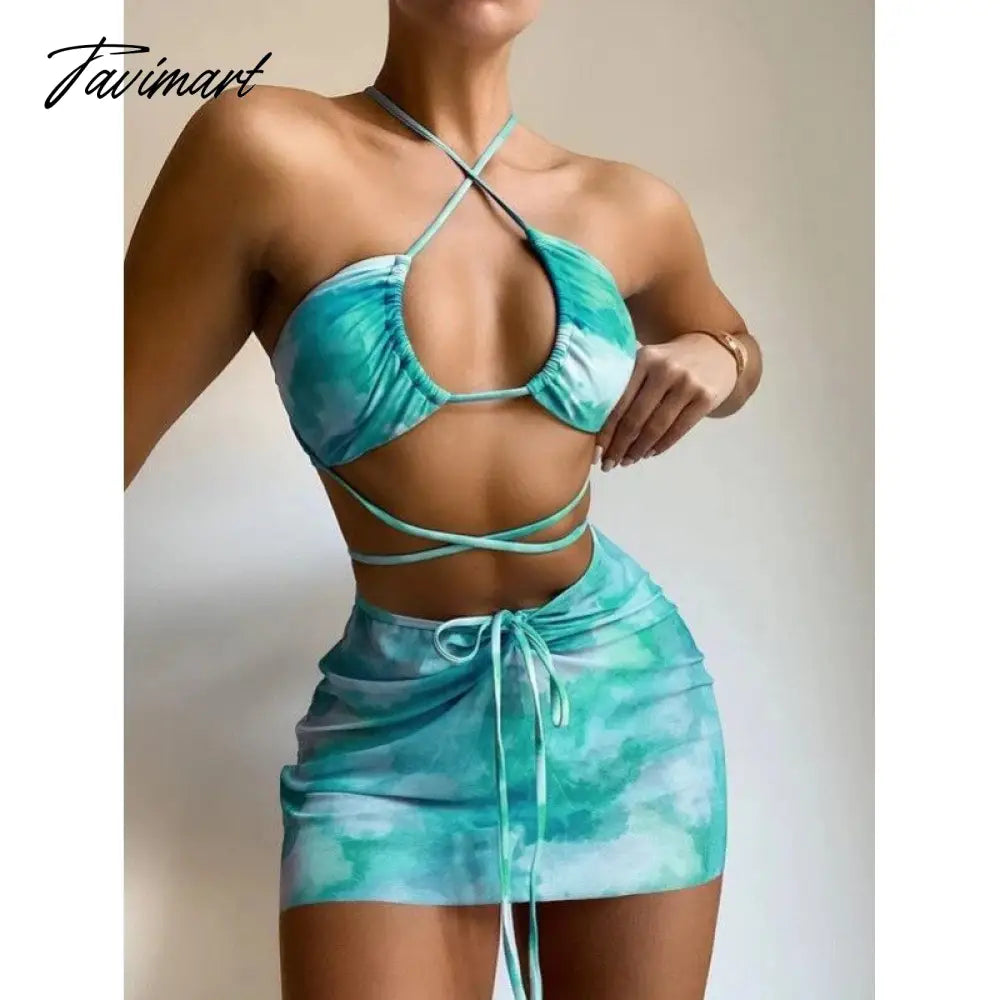 3 Piece Bikini Set Summer Bathing Suits Women Print Halter Swimwear Ladies Padded Split Swimsuits Beachwear with Cover Up