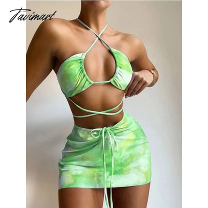 3 Piece Bikini Set Summer Bathing Suits Women Print Halter Swimwear Ladies Padded Split Swimsuits Beachwear with Cover Up