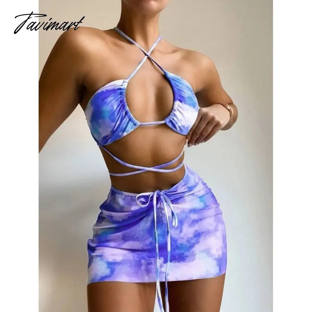 3 Piece Bikini Set Summer Bathing Suits Women Print Halter Swimwear Ladies Padded Split Swimsuits Beachwear with Cover Up
