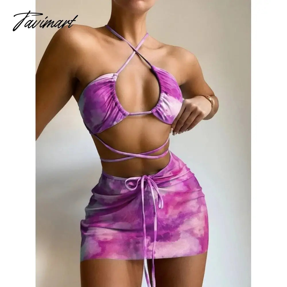 3 Piece Bikini Set Summer Bathing Suits Women Print Halter Swimwear Ladies Padded Split Swimsuits Beachwear with Cover Up